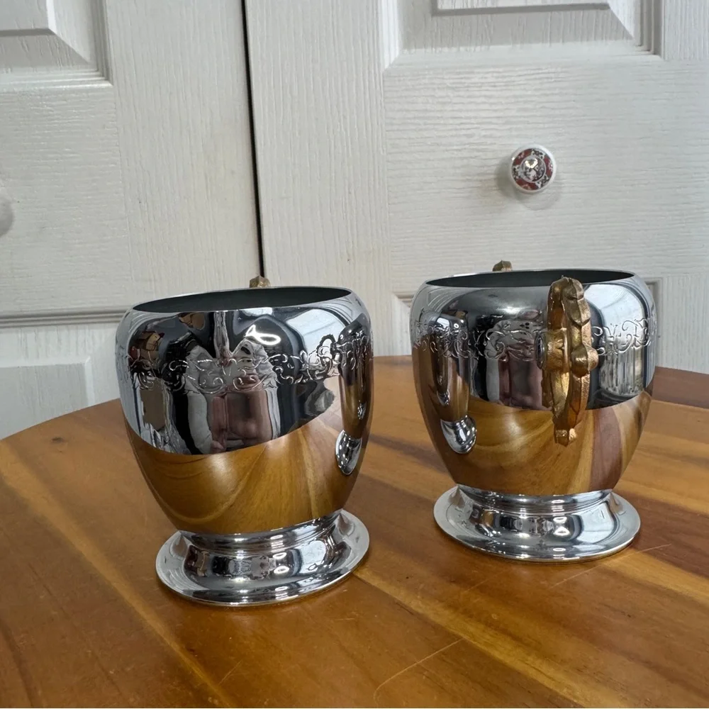 Vintage‎ chrome gold tone handle sugar and cream set
